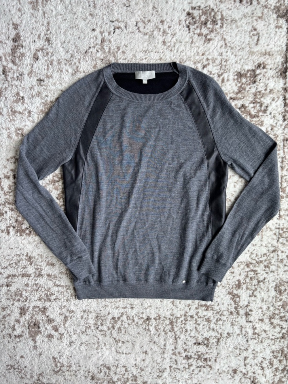 PORTS 1961 100% Wool Gray Crewneck Sweater with Black Leather Panels (M)